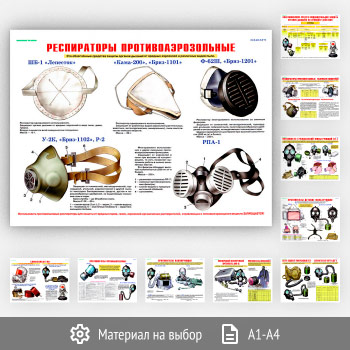 Плакаты «Средства защиты органов дыхания. Противогазы, респираторы» (ВЗ-03, 10 листов)